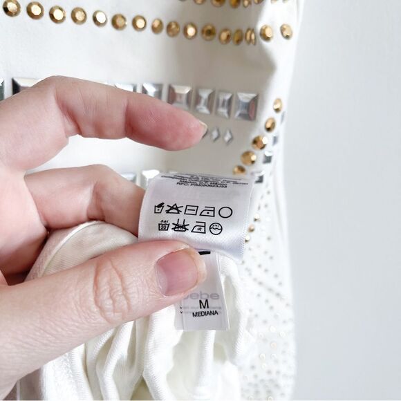 Bebe Dress Bodycon White Gold Silver Embellishments Lined Women 's M Back Zip - Picture 3 of 11